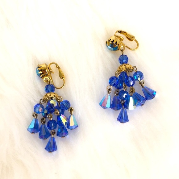 Hattie Carnegie Jewelry - Vintage Hattie Carnegie Signed Austrian Crystal Blue Chandelier Clip Earrings